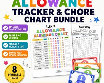 Editable Chore Chart for Kids Canva Template With Play Money| Allowance Tracker Printable | Reward Chart | Kids Responsibility System PDF