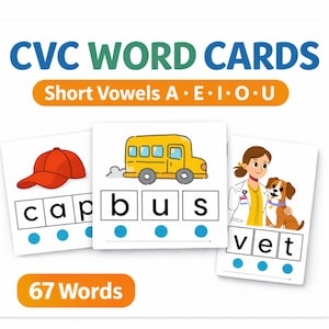 May include: CVC Word Cards for short vowels A, E, I, O, U. The cards feature illustrations of a red cap, a yellow school bus, and a vet with a dog. The word cards have the words "cap", "bus", and "vet" with blue dots below. The cards are labeled "67 Words".