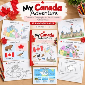 May include: A My Canada Adventure activity pack featuring 37 printable pages for grades 1-2. The set includes worksheets with maps of Canada, Canadian symbols, the national flag, and geography lessons, displayed with colored pencils.