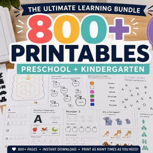 May include: A learning bundle featuring over 800 printable activity pages for preschool and kindergarten. The collection includes worksheets for alphabet, numbers, math, shapes, and mazes, displayed with colourful text and various educational graphics.