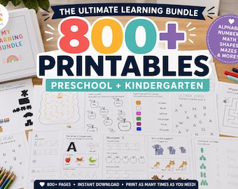 Preschool Worksheets Bundle, 800+ Kindergarten Printables, Alphabet Numbers Math Sight Words Tracing Activities Homeschool Learning