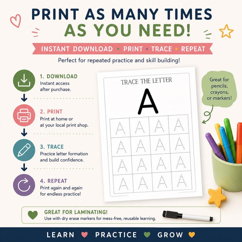 May include: A digital educational worksheet featuring the letter A for tracing practice. The page includes a large letter A and a grid of dotted letters. The graphic displays instructions for downloading, printing, tracing, and repeating the activity.