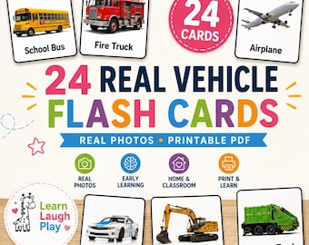 Vehicle Flash Cards for Kids | 24 Real Photo Transportation Cards | Preschool Toddler Learning Printable | Montessori Homeschool PDF PRINT