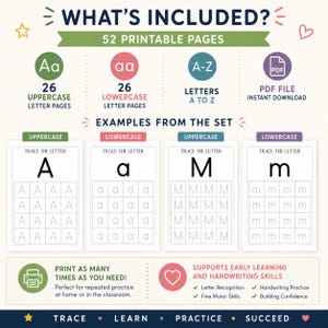 May include: A digital educational set featuring 52 printable pages for handwriting practice. It includes 26 uppercase and 26 lowercase letter tracing sheets, labelled with the text WHAT'S INCLUDED, EXAMPLES FROM THE SET, and TRACE LEARN PRACTICE SUCCEED.