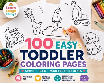 Toddler Coloring Pages Printable, 100 Easy Coloring Sheets, Simple Bold Pictures, Preschool Activity, Animals & Vehicles PDF