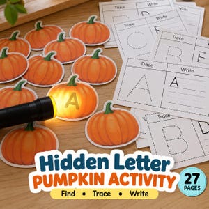 Könnte beinhalten: Ein Set aus kürbisförmigen Lernkarten mit Buchstaben zum Nachspuren und Schreiben, begleitet von einer schwarzen Taschenlampe. Die Karten zeigen Buchstaben wie A, B, C, D, E und F. Der Text lautet Hidden Letter PUMPKIN ACTIVITY 27 PAGES.