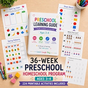 Può includere: Una guida all'apprendimento prescolare di 36 settimane per bambini di 3-4 anni, composta da una pila di fogli di attività in carta bianca con grafiche colorate, inclusi esercizi di ordinamento per colore, forme, schemi, conteggio e matematica.