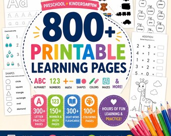 Preschool Kindergarten Worksheets Bundle | 800+ Printable Learning Pages | Alphabet, Numbers, Math, Sight Words, Shapes & More, Instant PDF