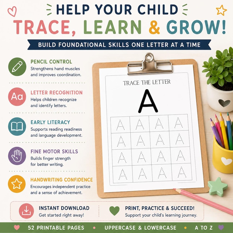 Alphabet Letter Tracing Worksheets Printable PDF, Uppercase Lowercase Handwriting Practice, Preschool & Kindergarten Workbook, Homeschool image 5