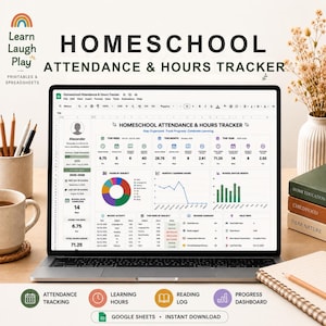 Può includere: Uno schermo di computer portatile che mostra un foglio di calcolo digitale per il monitoraggio delle presenze e delle ore di istruzione domiciliare. L'interfaccia include tabelle dati, un grafico a torta, un grafico a linee e a barre.