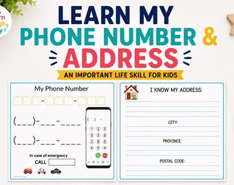 Learn My Phone Number & Address Printable, Kids Safety Worksheet, Kindergarten Life Skills Activity, Emergency Information Practice, PDF