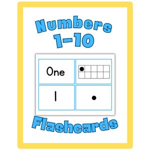 May include: Educational flashcards for learning numbers 1-10. The flashcards have a white background with a yellow border. Each card displays a number, its written form, and a visual representation. The words "Numbers 1-10" and "Flashcards" are in blue.