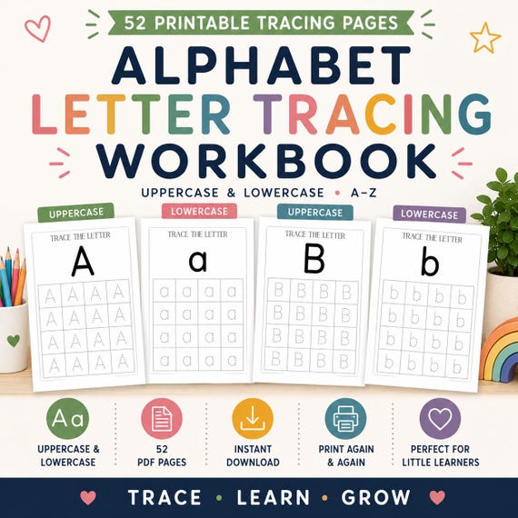 Alphabet Letter Tracing Worksheets Printable PDF, Uppercase Lowercase Handwriting Practice, Preschool & Kindergarten Workbook, Homeschool