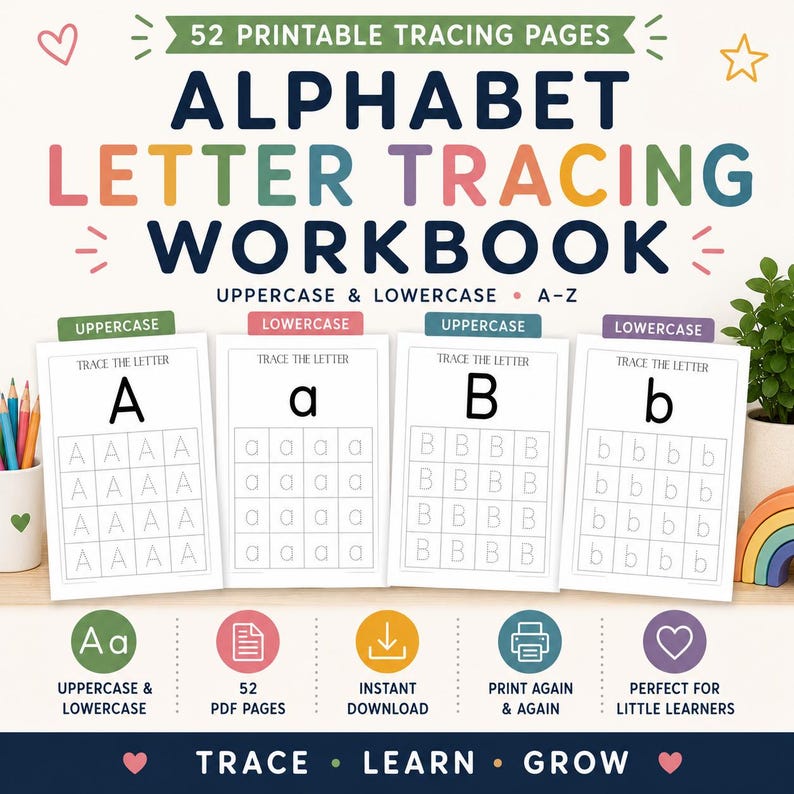 Alphabet Letter Tracing Worksheets Printable PDF, Uppercase Lowercase Handwriting Practice, Preschool & Kindergarten Workbook, Homeschool image 1