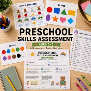 Peut inclure: Un kit d'évaluation des compétences préscolaires comprenant des feuilles d'activités imprimées pour les 3-5 ans, avec des sections sur les couleurs, les formes et les exercices de comparaison, un guide pédagogique, un carnet et des feutres.