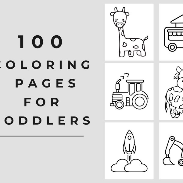 Printable Toddler Coloring Pages, 100 Large Sheets with Animals, Vehicles, and More! On-Demand Download! Perfect for hours of entertainment!