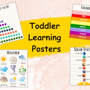 Carteles de aprendizaje preescolar, Sistema solar, números, colores y clima Impresión de descarga digital para salas de juegos y aulas, aprendizaje en el hogar
