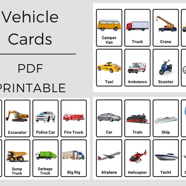 Real VEHICLES, 24 Montessori Cards, Flash Cards, PDF Printable, Transportation, Car, Preschool, Toddler Learning Fun, PreK, Homeschool Fun