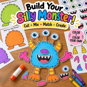 May include: A Build Your Silly Monster activity set featuring paper cutouts of monster bodies, eyes, horns, and mouths. The central blue monster has three eyes, orange striped horns, and pink arms. Includes glue stick, crayons, and instruction sheets.