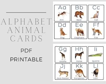26 Printable Alphabet Animal FlashCards, Real Pictures ABC Picture Flashcards, Montessori, Preschool Educational Learning Materials