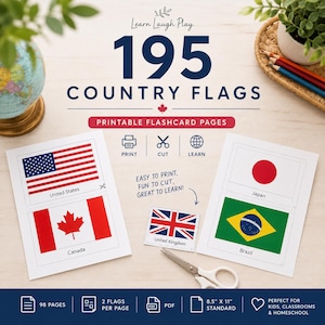 May include: A set of printable flashcard pages featuring 195 country flags. The document includes text labels for each flag, icons for printing, cutting, and learning, and specifies a standard 8.5 inch by 11 inch page size for educational use.