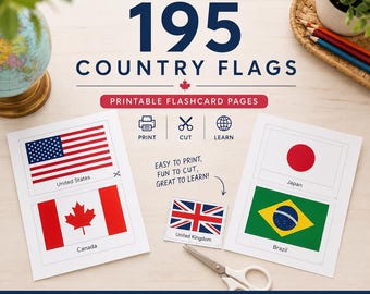 Printable World Country Flags for Kids Learning, 195 Countries, Homeschool Learning, Printable Flashcards, PreK, Kindergarten, Geography