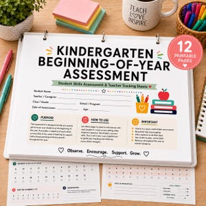 May include: A kindergarten beginning-of-year assessment binder with printable pages featuring student information fields, skill tracking sections, and a red apple icon. The document includes sections for purpose, instructions, and observation notes.