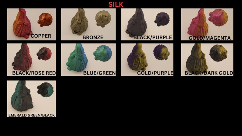 May include: A collection of eight gnome figurines with different color combinations. The gnome figurines are made of a silk material and have a shiny finish. The colors include copper, bronze, black, purple, gold, magenta, rose red, blue, green, dark gold, and emerald green.