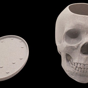 May include: A white ceramic skull planter with a removable lid. The skull has a detailed design with visible teeth and eye sockets.