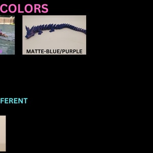 May include: A 3D printed model of a dragon in three different colors: matte rainbow, matte blue/purple, and marble. The dragon is posed with its head raised and its tail curled.