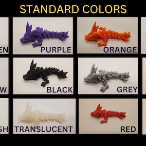 May include: A chart showing 12 different colors of 3D printed dragon figurines. The colors are green, purple, orange, white, yellow, black, grey, blue, flesh, translucent, red, and brown.