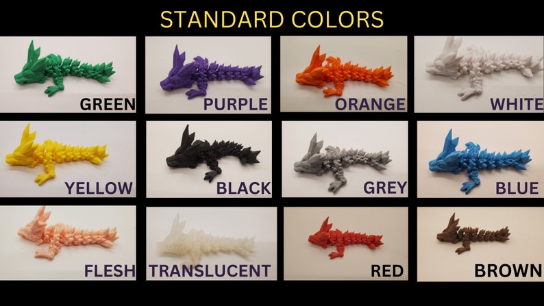 May include: A chart showing 12 different colors of 3D printed dragon figurines. The colors are green, purple, orange, white, yellow, black, grey, blue, flesh, translucent, red, and brown.
