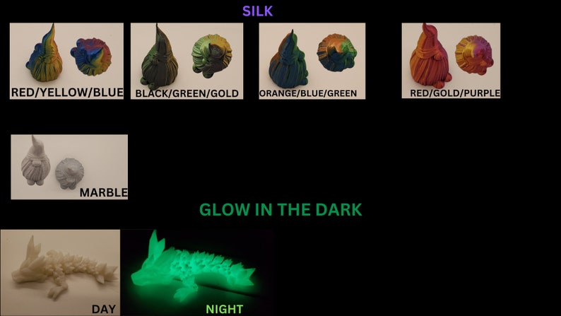 May include: A collection of gnome figurines in various colors and finishes, including red, yellow, blue, black, green, gold, orange, and purple. The gnomes are made of a smooth, silky material and a marble finish. One gnome glows in the dark, changing from white to green.