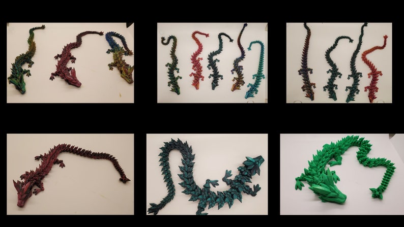 May include: A collection of 10 origami dragons in various colors, including green, blue, red, purple, and gold. The dragons are made of paper and have a detailed, scaly design.