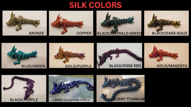 May include: A collection of 12 small, 3D printed dragon figurines in various colors, including bronze, copper, black, emerald green, dark gold, blue, green, gold, purple, rose red, magenta, and titanium. The dragons are all in the same pose, with their heads tilted up and their wings spread out.