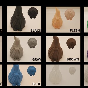 May include: A set of 12 gnome figurines in various colors, including orange, red, yellow, blue, black, gray, brown, purple, flesh, green, and white. Each gnome is standing with a beard and a pointed hat.