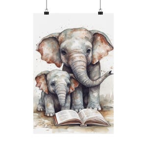 Watercolor Elephant Reading Art Print, Kids Room Decor, Nursery Wall Art, Baby Shower Gift, Elephant Lover Gift, Playroom Decor