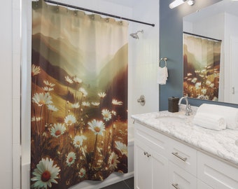 Gänseblümchen Duschvorhang | Landschafts-Gänseblümchen-Vorhang für Dusche | Floraler Duschvorhang