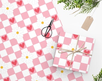 Heart Daisy Wrapping Paper | Pink and White Gift Wrap | Pink Heart and White Daisy Wrapping Paper Roll
