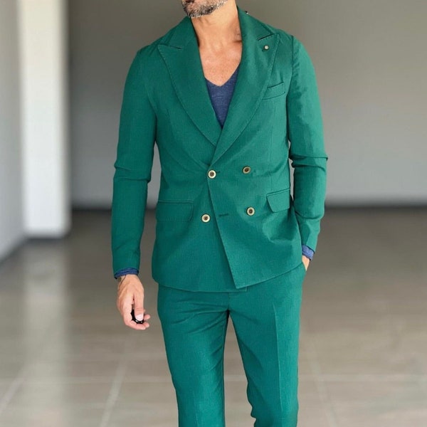 Men Formal Fashion 2 Piece Green Suits Double Breast Party Wear Groom Suits Men Slim Fit Elegant Casual Suits Gifts For Mom