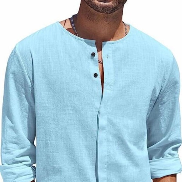 Men’s Sky Blue Casual Cotton Shirt Men Long Sleeve Loose Button Down Basic Beach Shirt Men Wedding Dinner Formal Shirt