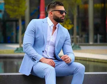 Men Suits Sky Blue 2 Piece Formal Party Wear Suits Men Notch Lapel One Button Suits Groom Wedding Dinner Suits Bespoke For Men