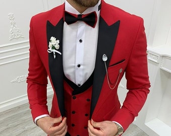 Herren Anzüge Rot Smoking 3 Stück Slim Fit Elegante Formelle Mode Anzüge Bräutigam Hochzeitsanzüge Party Wear Dinner Anzüge Stilvolle Anzüge Geschenke für Ihn