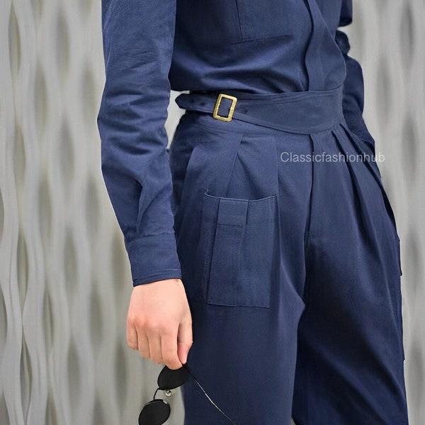 Men Designer Blue Cotton Gurkha Cargo Pants Pleated Pockets Side Buckle Adjuster With Bottom Cuff Business Casual Wedding Formal Trousers