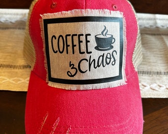 Frayed Label Distressed Trucker Hat “Coffee & Chaos"