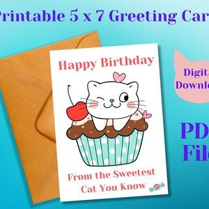 Feliz cumpleaños de parte del gato. Descarga instantánea, tarjeta imprimible. Agrega tu propio mensaje. Tarjeta de cumpleaños de 13x18 cm para mamá, papá, amigo o mascota.