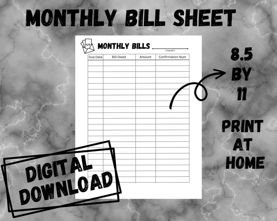 Monthly Bill Payment Record Keeper, Printable Bill Payment Sheet, Print