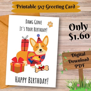 Corgi Dog Birthday Card from the Dog Birthday Card for Anyone Printable Download Birthday Card Pdf file 5x7 Greeting Card Print at Home Card