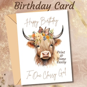 Leuke Highland Cow-verjaardagskaart voor haar Print Yourself Goedkope koe verjaardagskaart voor koeienliefhebbers en boerderijmeisjes Verjaardagskaarten Stijlvolle verjaardagskaarten
