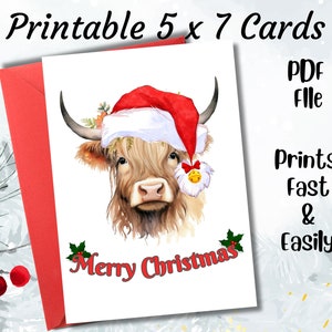 Carte de Noël Vache des Highlands PDF Carte de joyeux Noël imprimable sur papier ou papier cartonné Carte de Noël bon marché à imprimer découpée Envoyez rapidement et facilement !